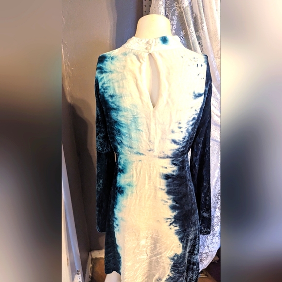 Hippie boho Chasor medium velvet bell sleeve festival dress tie-dye teal navy - Picture 4 of 7
